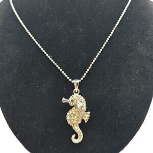 Necklace Seahorse Nautical Theme Silver Tone Clear Rhinestones 16" SKU 3040